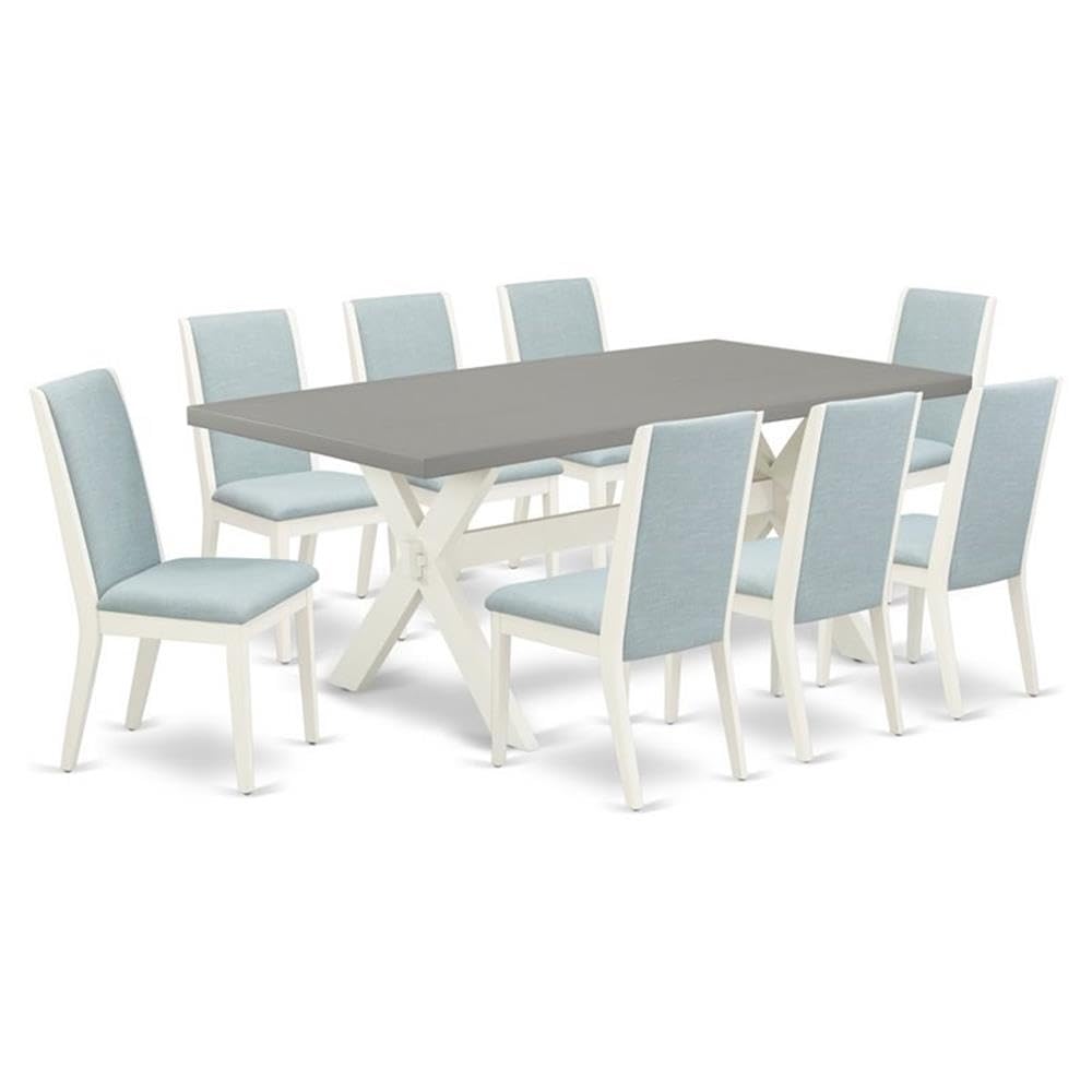 East West Furniture X097La015-9 9 Piece Kitchen Table Set Includes A Rectangle Dining Table With X-Legs And 8 Baby Blue Linen Fabric Parsons Dining Chairs, 40X72 Inch, Multi-Color